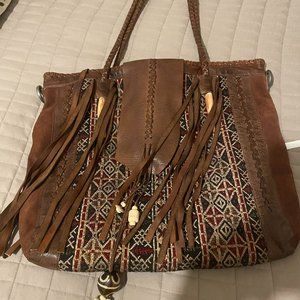 Free People BOHO Tapestry Leather Tote Beaded Fringe Tote Purse